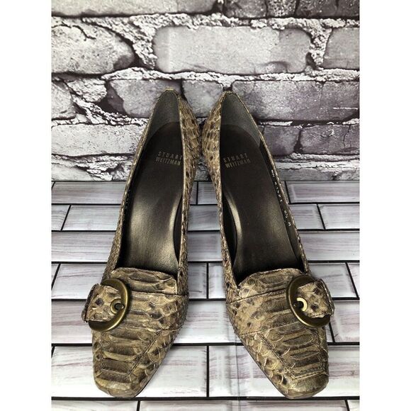 Stuart Weitzman Brown Taupe Leather Python Square Toe Buckle Heels Women Sz 8.5M - Picture 3 of 16